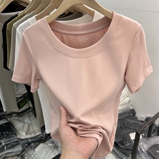 Áo Thun Nữ Ngắn Tay Cổ Tròn Màu Trơn Phong Cách Mới