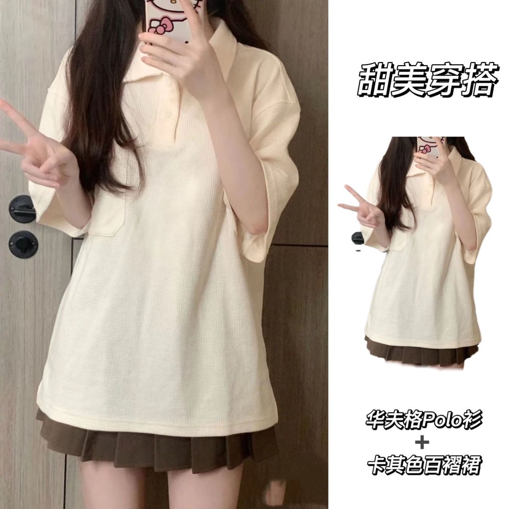 Set Áo Thun polo Ngắn Tay Và Chân Váy Xếp Ly Phong Cách Preppy Nhật Bản Dành Cho Nữ