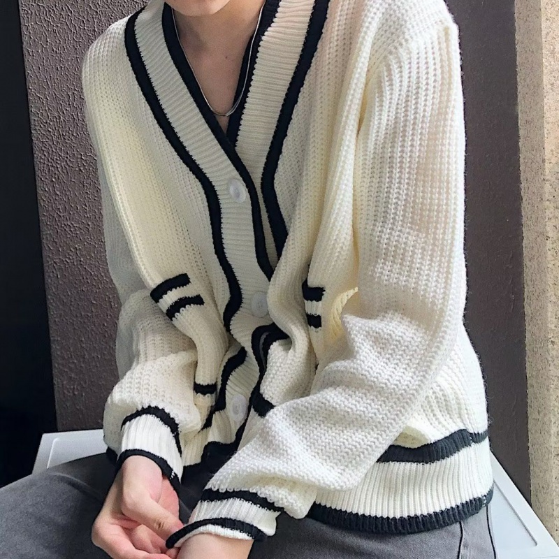 Áo Khoác Cardigan Dệt Kim Cổ Chữ V Dáng Rộng Họa Tiết Kẻ Sọc Trắng Đen Phong Cách Hàn Quốc Thời Trang Xuân Thu Cho Nam Và Nữ