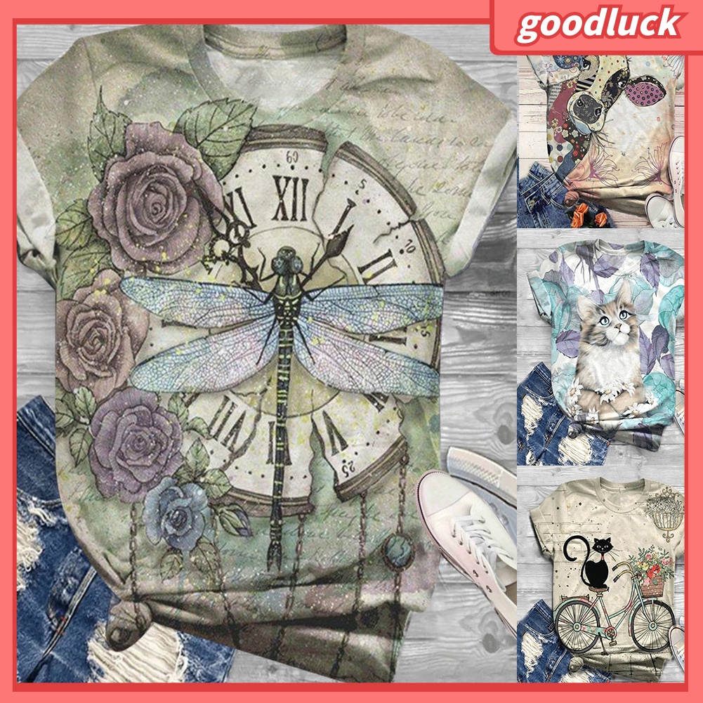 Áo Thun Tay Ngắn Cổ Tròn In Họa Tiết Bò Sữa / Đồng Hồ Hoa Thời Trang Mùa Hè Cho Nữ