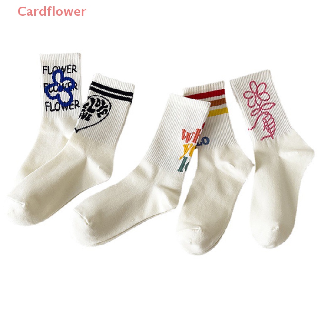 < Cardflower > Vớ Cotton Trắng Thể Thao Mùa Thu Họa Tiết Kẻ Sọc In Chữ Vui Nhộn Mới Cho Nữ