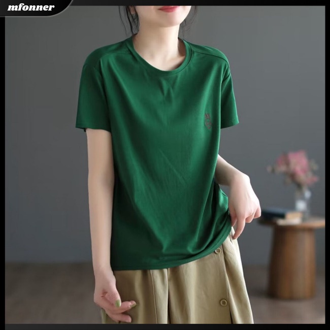 Áo Thun Tay Ngắn Cổ Tròn Thêu Hình Thỏ Dễ Thương Dành Cho Nữ