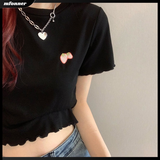 Áo Croptop Ngắn Tay Cổ Tròn Thêu Họa Tiết Ngọt Ngào