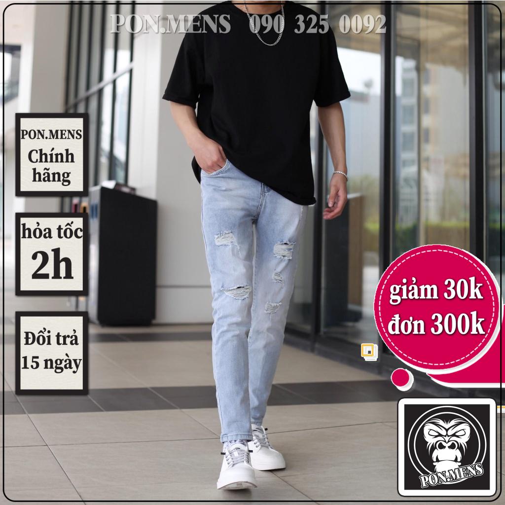 Quần jean nam chất bò rách gối co giãn tốt màu xanh nhạt dáng slimfit skinny phom ôm 5679 Pon.mens hà nội hcm freeship