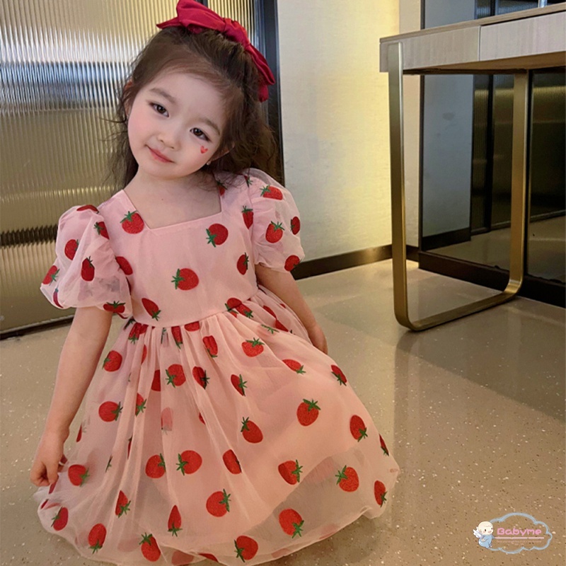 Đầm Công Chúa Dáng Suông Tay Phồng In Họa Tiết Dâu Tây Dễ Thương Phong Cách Hàn Quốc Cho Bé Gái