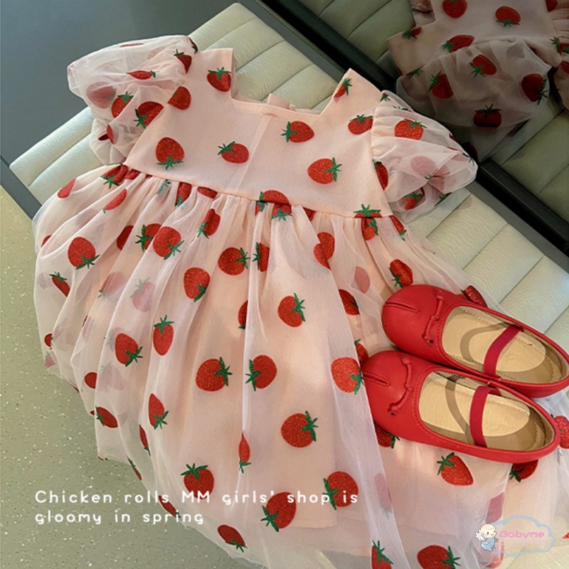 Đầm Công Chúa Dáng Suông Tay Phồng In Họa Tiết Dâu Tây Dễ Thương Phong Cách Hàn Quốc Cho Bé Gái