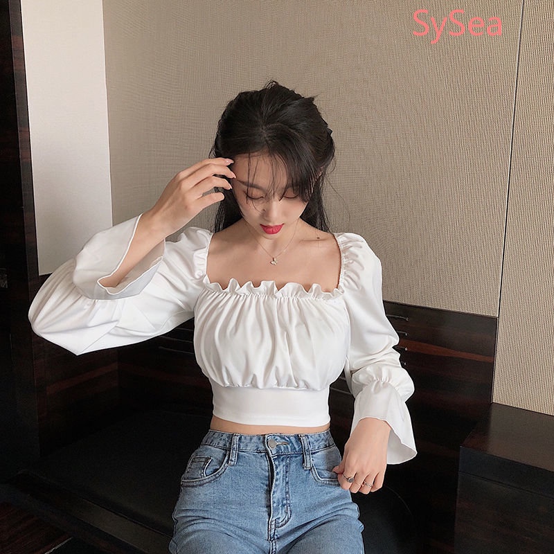 Áo Kiểu Tay Phồng Cổ Vuông Phối Ren Phong Cách Pháp Xinh Xắn Cho Nữ