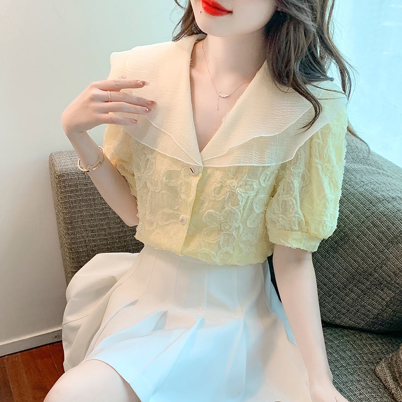 Áo Sơ Mi Chiffon Cổ Búp Bê Tay Ngắn Thời Trang Mùa Hè Dành Cho Nữ