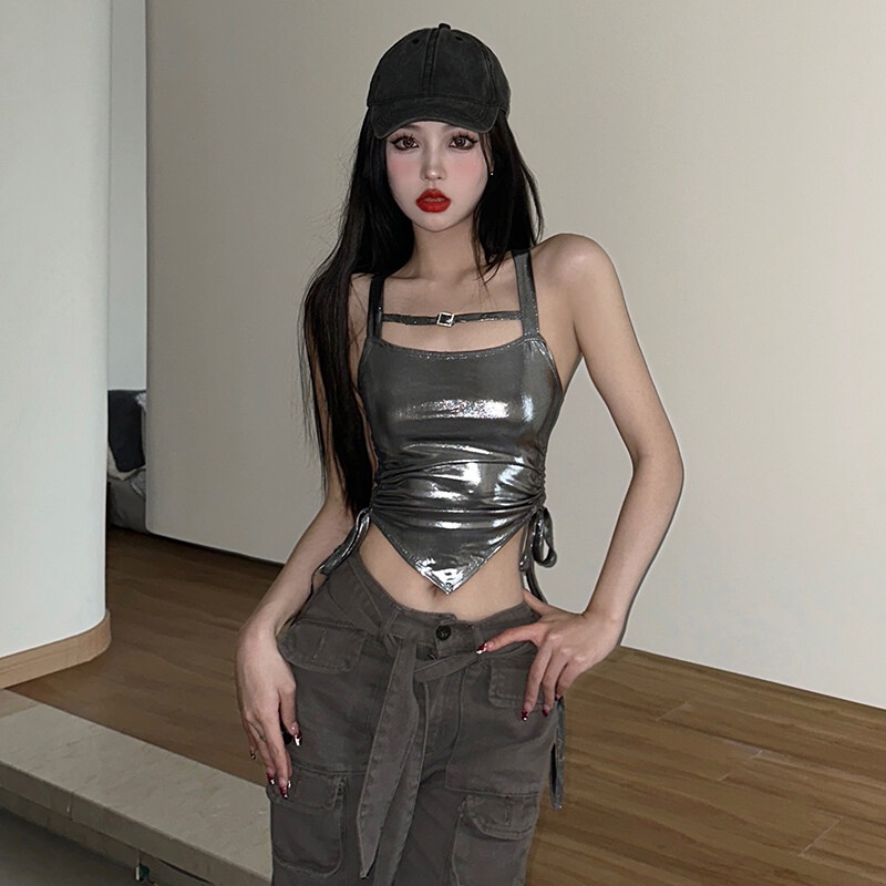 Kliou Áo Sát Nách Dạng Treo Màu Bạc Nhám Cổ Điển Gợi Cảm Cao Cấp Phong Cách Đường Phố Trẻ Trung Mùa Hè 2023