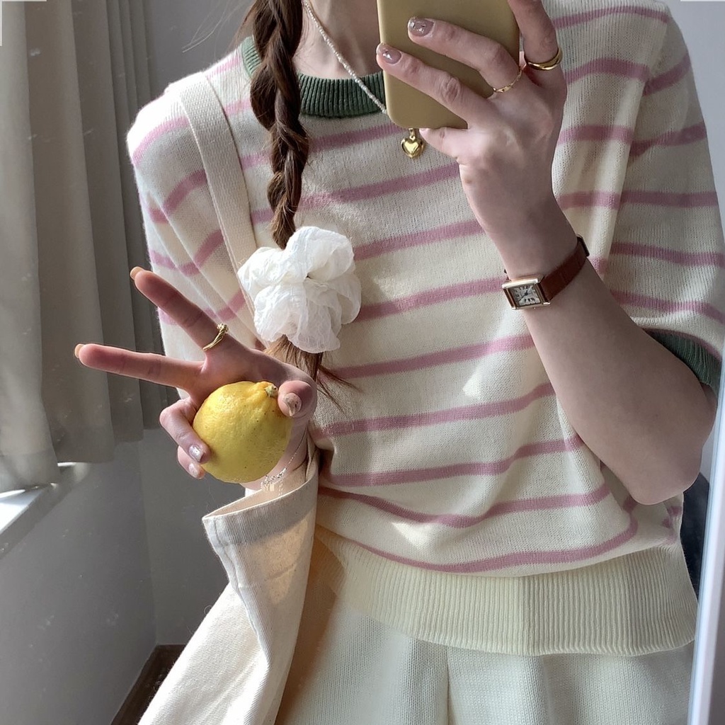 Áo Dệt Kim Họa Tiết Kẻ Sọc Phong Cách Hàn Quốc Thời Trang Cho Nữ