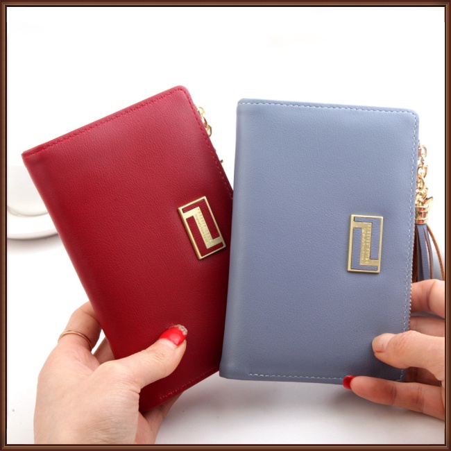 Ví Da Pu Ngắn Đa Năng Màu Trơn Có Khóa Kéo Và Tua Rua Thời Trang Cho Nữ Giá Đỡ