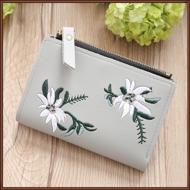 Ví Da Pu Mỏng Có Khóa Kéo Thêu Họa Tiết Xinh Xắn Cho Nữ Giá Đỡ