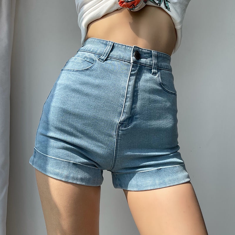 Jiashucheng Influencer Quần Short Denim Lưng Cao Ôm Hông Màu Xanh Nhạt Siêu Co Giãn Gợi Cảm Phong Cách Mới Cho Nữ