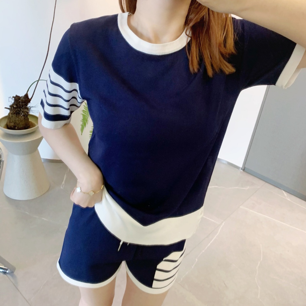 JFXB European station summer fashion brand Thom Browne four-bar knitted short sleeve men and women couple round neck loose casual half sleeve t-shirt