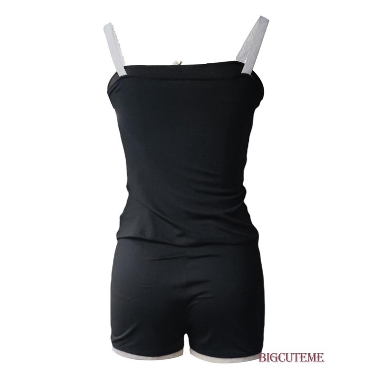 [] - Bộ Trang Phục 2 Mảnh Áo Hai Dây Phối Ren + Quần Short Lưng Thun Màu Đen Thời Trang Mùa Hè Cho Nữ