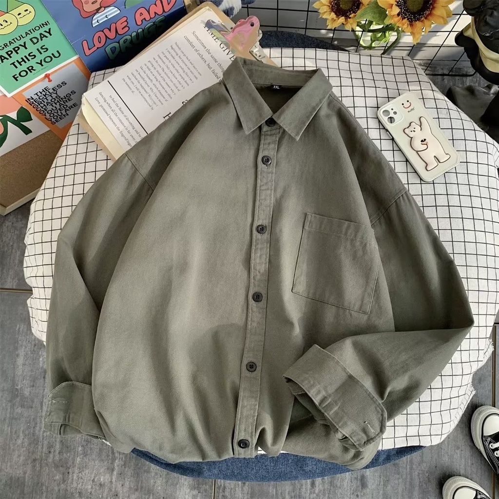 Áo Sơ Mi Tay Dài Dáng Rộng Cỡ Nhỏ Màu Trơn Thời Trang Cho Nam Và Nữ