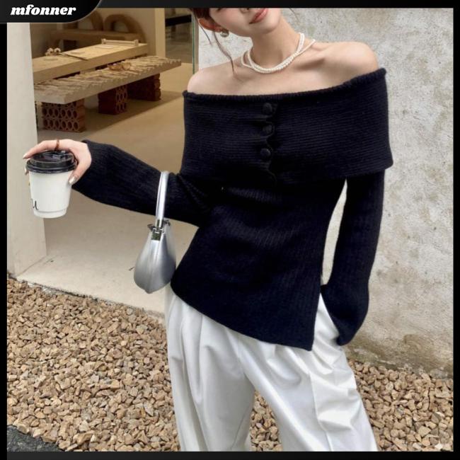 Áo Sweater Dệt Kim Trễ Vai Tay Dài Dáng Ôm Màu Trơn Thời Trang Quyến Rũ Cho Nữ