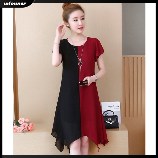 Đầm Midi Chữ A Tay Ngắn Cổ Tròn Màu Sắc Tương Phản Thời Trang Mùa Hè Cho Nữ