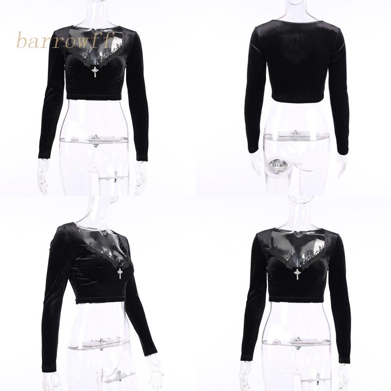 Áo Croptop Nhung Tay Dài Cổ Chữ V Khoét Sâu Gợi Cảm Cho Nữ