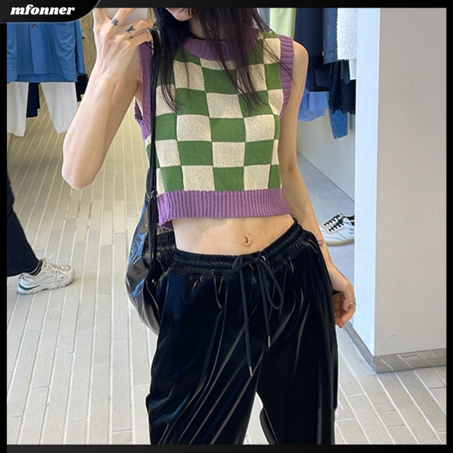 Áo Croptop Dệt Kim Không Tay Cổ Tròn In Họa Tiết Bảng Thời Trang Cho Nữ