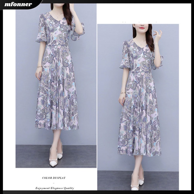 Đầm Midi Tay Ngắn Cổ Chữ V Vải Lụa Lạnh In Hoa Eo Thun Thời Trang Mùa Hè Cho Bạn Gái