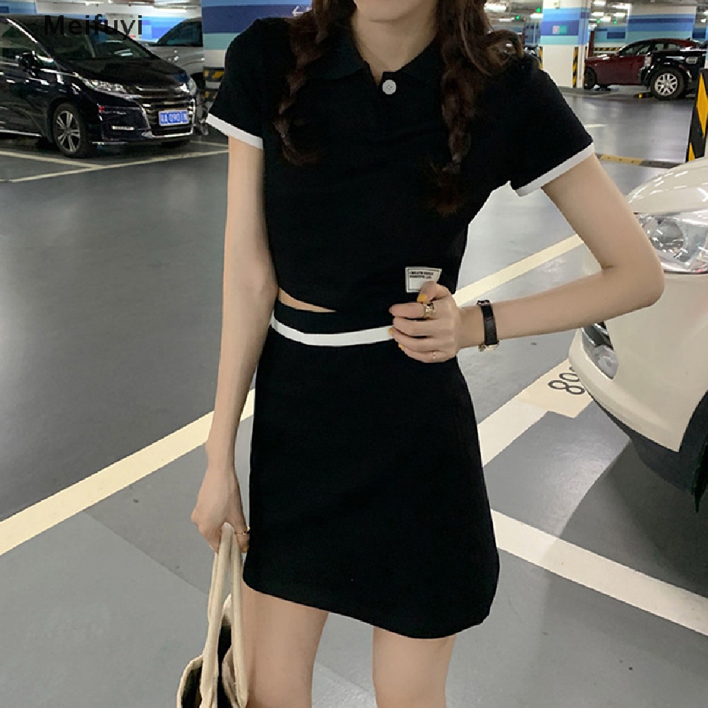 Bộ Áo Croptop Cổ Polo + Chân Váy Lưng Cao Màu Tương Phản Thời Trang Mùa Hè 2023 Mới Cho Nữ