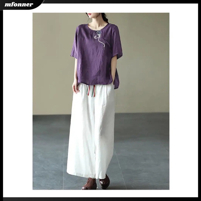 Áo Sơ Mi Vải Lanh Cotton Dáng Rộng Thêu Họa Tiết Kiểu Retro Trung Hoa Cho Nữ