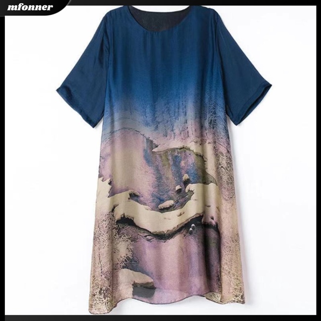 Đầm Lụa Lạnh Mỏng Dáng Rộng Tay Ngắn In Họa Tiết Xinh Xắn Cho Nữ