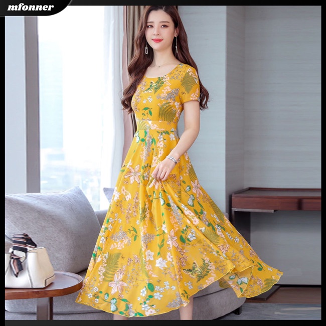 Đầm Dài Dáng Chữ A Tay Ngắn In Hoa Phong Cách Bohemian Thời Trang Quyến Rũ Cho Nữ