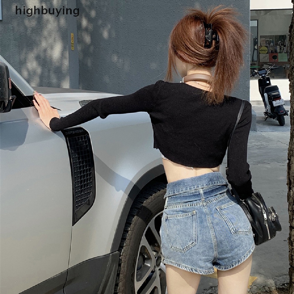Quần Short Denim Lưng Cao Ống Rộng Phối Rách Kiểu Vintage Cá Tính Cho Nữ