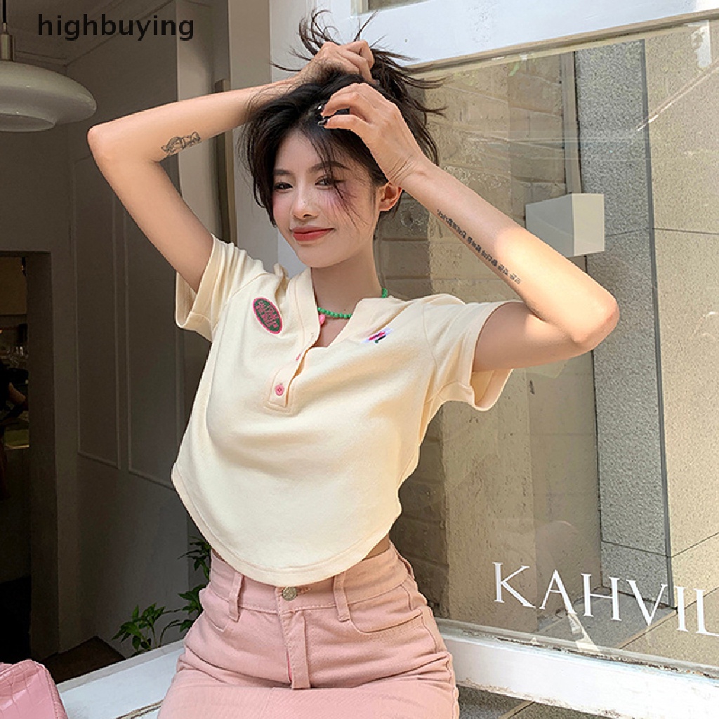 Áo Thun Lửng Ngắn Tay Cổ V Thêu Họa Tiết Thời Trang Cho Nữ