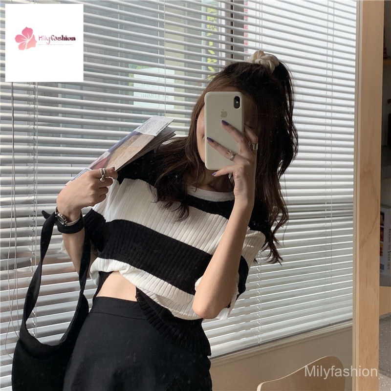 Áo Dệt Kim Ngắn Tay Họa Tiết Kẻ Sọc Màu Tương Phản Thời Trang Cho Nữ