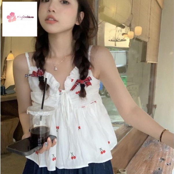 Áo Hai Dây Màu Trơn Họa Tiết Cherry Dễ Thương Thời Trang Mùa Hè 2022