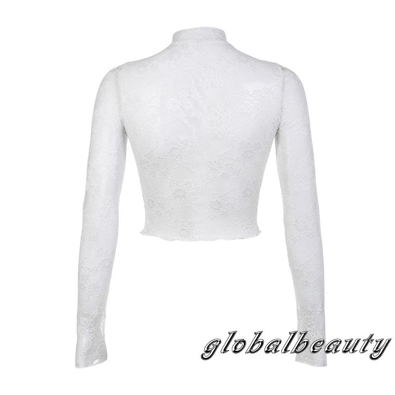 Áo Thun Dài Tay Cổ Cao Phối Ren Hoa Xuyên Thấu Gợi Cảm Cho Nữ