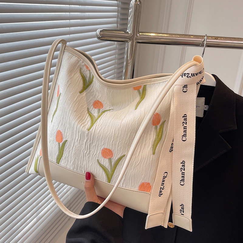 Túi tote Đeo Vai Sức Chứa Lớn Thêu Họa Tiết Hoa tulip Dễ Phối Đồ Thời Trang Cho Nữ