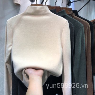Áo Sơ Mi Nhung Màu Trơn Lót Lông Cừu Dáng Ôm Giữ Nhiệt Mùa Thu Đông Phiên Bản Hàn Quốc Cho Nữ