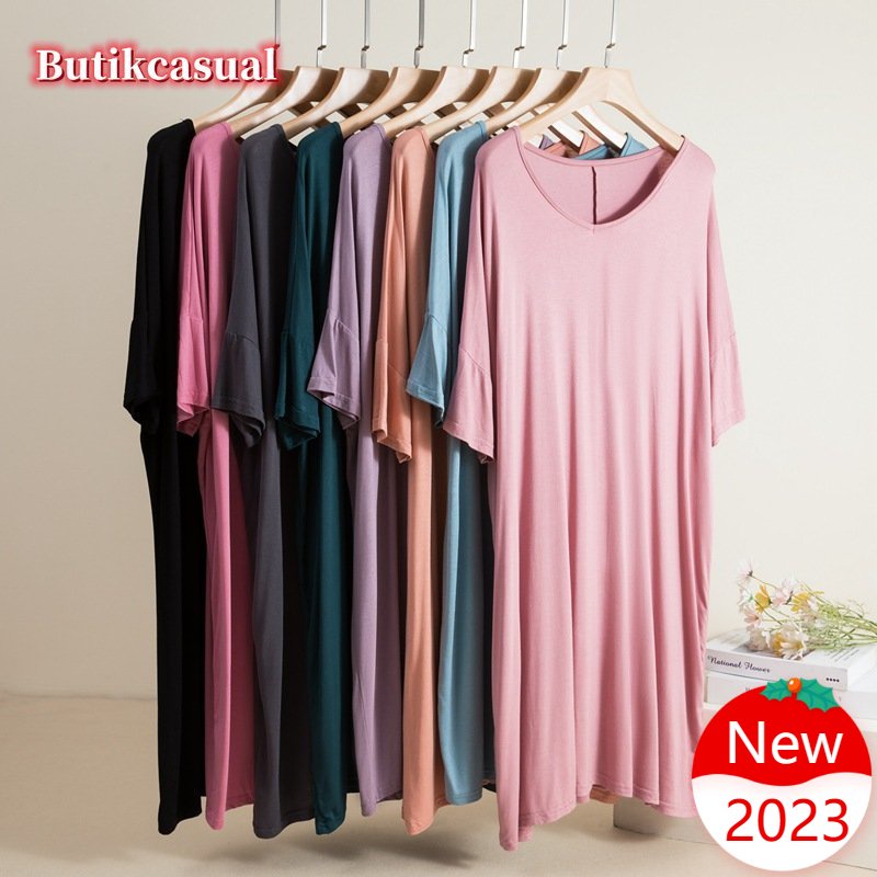 Đầm Cotton Modal Dáng Chữ A Cổ Tròn Tay Cánh Dơi Màu Trơn Thoải Mái Thời Trang Mùa Hè Cho Nữ