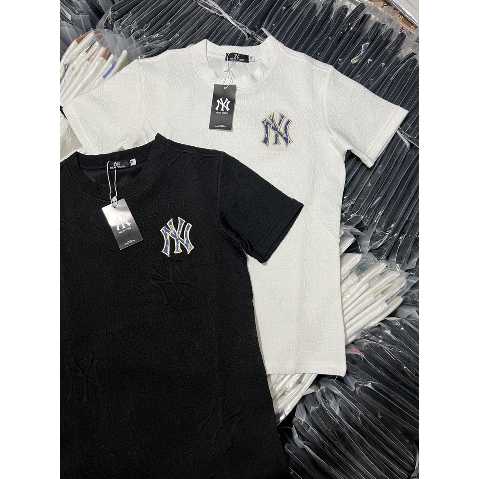 Áo Thun Nam Tay Ngắn Dập Vân Nổi Hoa Văn Thêu Chữ NY, Chất Thun Cotton