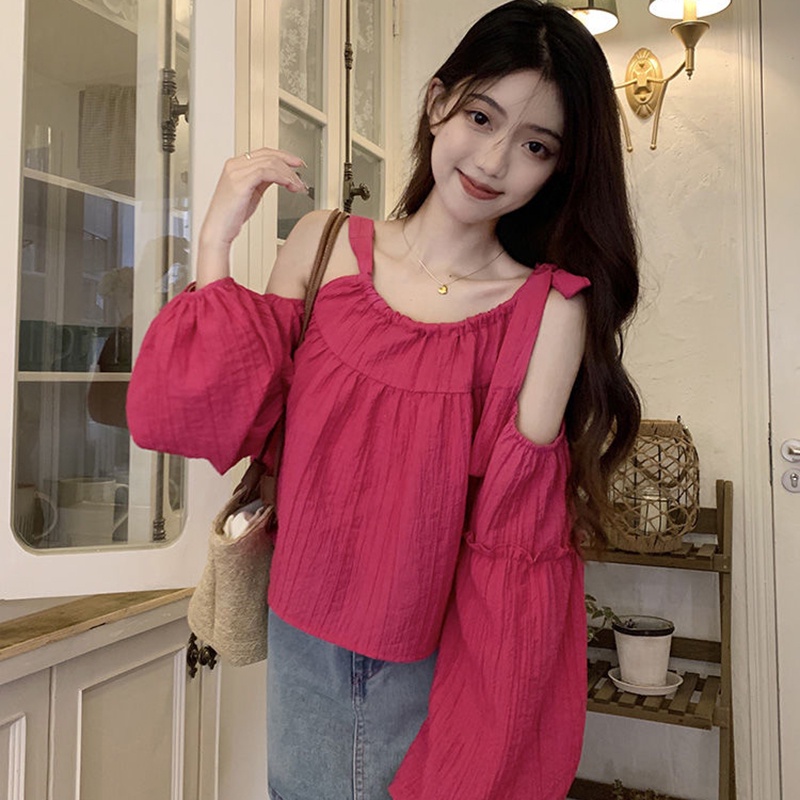 IELGY   Áo Kiểu Tay Phồng Hở Vai Dáng Ôm Thời Trang Dành Cho Nữ