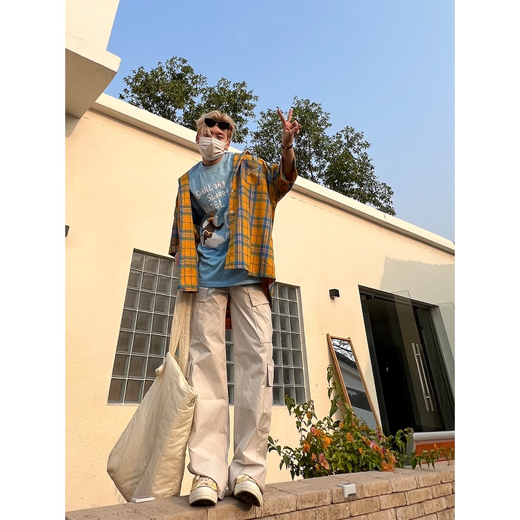 Áo Sơ Mi Tay Ngắn Họa Tiết Kẻ Sọc Màu Vàng Phong Cách Cổ Điển Thời Trang Xuân Thu 2023 Cho Nam Và Nữ