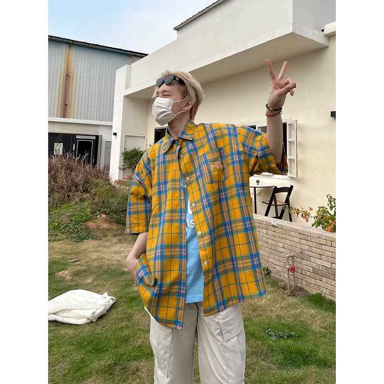 Áo Sơ Mi Tay Ngắn Họa Tiết Kẻ Sọc Màu Vàng Phong Cách Cổ Điển Thời Trang Xuân Thu 2023 Cho Nam Và Nữ