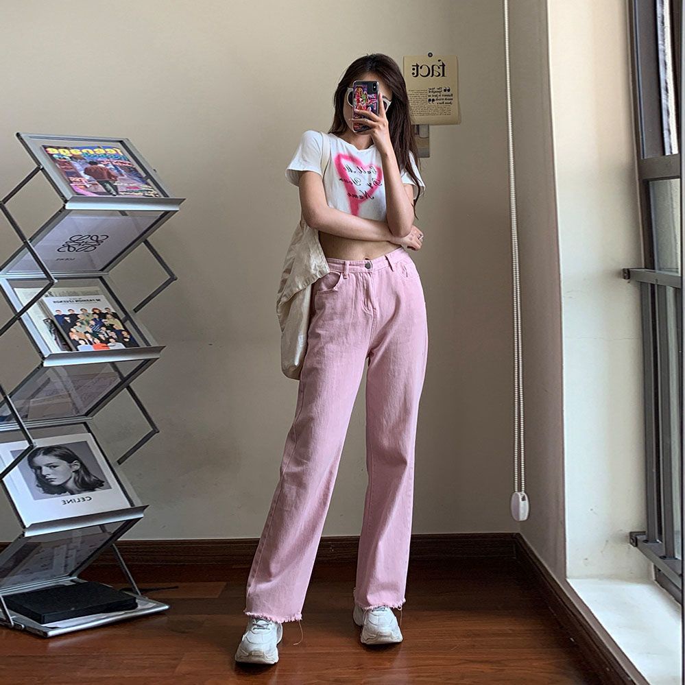 [Ưu Đãi Đặc Biệt Mua Và Tai] Quần Jean Nữ Thẳng Lưng Cao Ống Rộng Màu Hồng Nhìn Raw Mặc Sàn