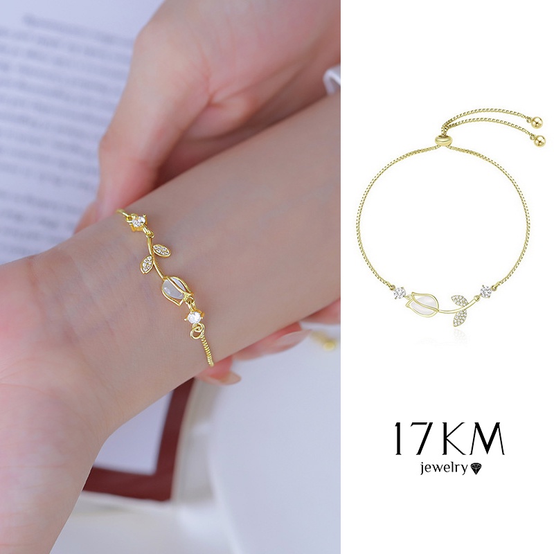 Vòng đeo tay 17KM mạ vàng mặt hoa tulip đính đá opal thanh lịch có thể điều chỉnh cho nữ