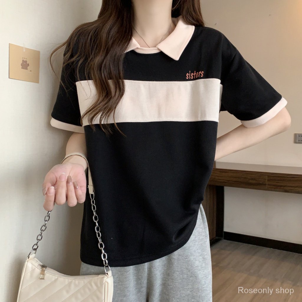Áo Thun polo Giả Hai Mảnh Cotton Dáng Rộng Tay Ngắn Phong Cách Preppy Mùa Hè Dễ Phối Đồ Cho Nữ