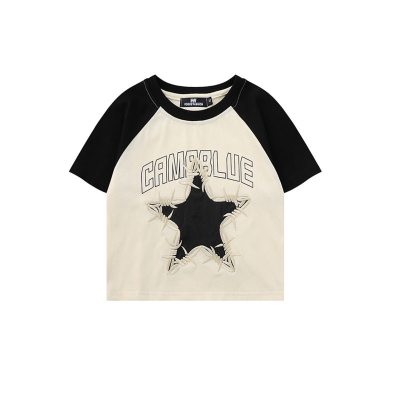 Áo Thun Tay Ngắn Thêu  RENJIANVSHENG Chữ Phong Cách Retro Mỹ