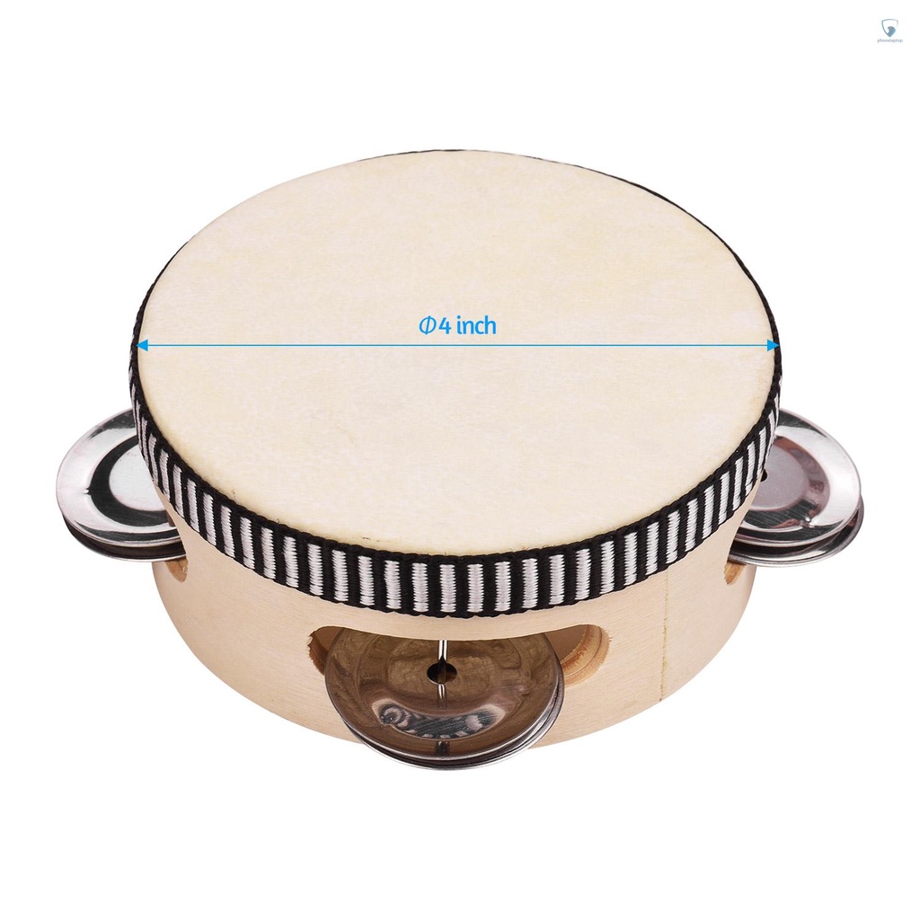 Trống Tambourine Da Cừu Một Hàng 4 Inch Tay Cầm Bằng Gỗ Và Kim Loại Giải Trí Cho Người Lớn Và Trẻ Em