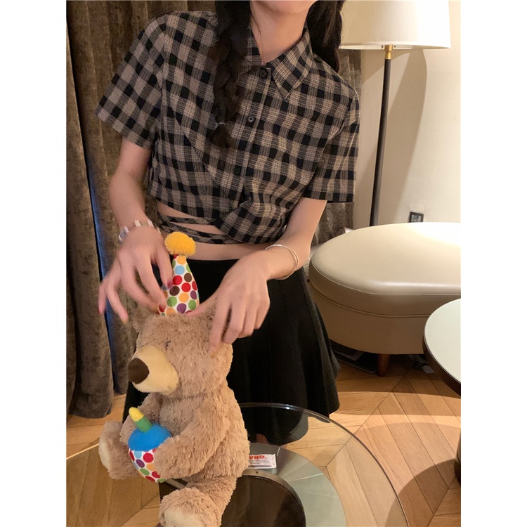 Áo Sơ Mi Nữ Cột Dây Eo Dáng Ngắn Họa Tiết Caro Thời Trang Mùa Hè Xinh Xắn