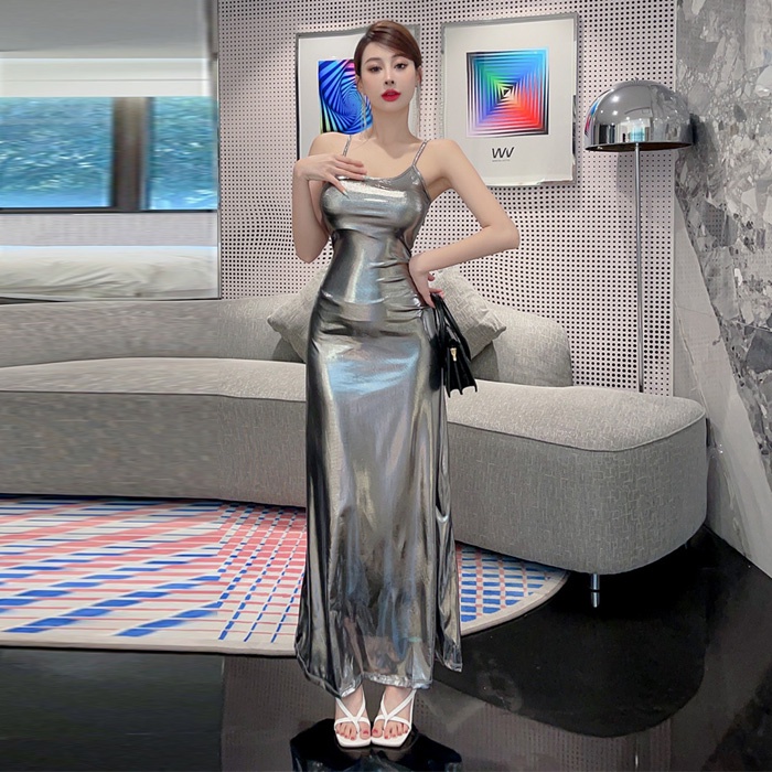 Đầm Hai Dây Dáng Dài Màu Ánh Kim Lấp Lánh Thời Trang Cho Nữ