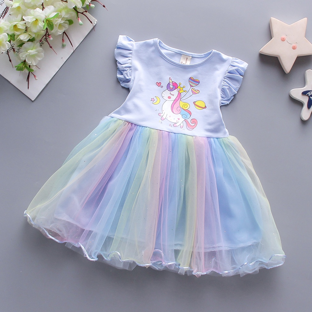 váy cho trẻ,váy đầm cho bé gái,váy bé gái mùa hè Đầm Công Chúa Không Tay In Hình Kỳ Lân Và Ngựa Một Sừng Màu Cầu Vồng Thời Trang 2023 Cho Bé Gái 2-9 tuổi