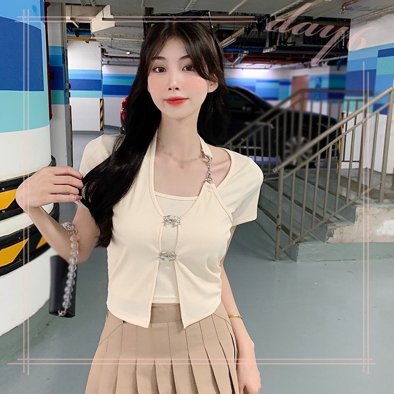 Áo Thun Ngắn Tay Giả Hai Lớp Phong Cách Hàn Quốc Dành Cho Nữ